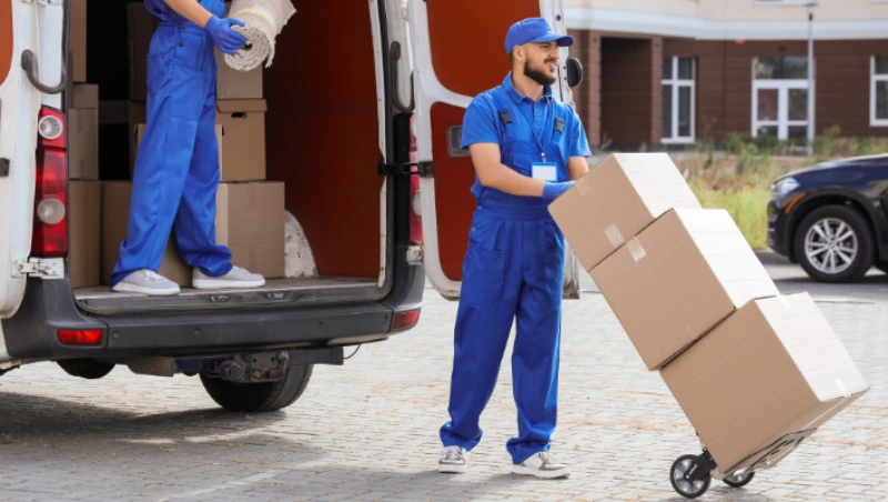 Villa Movers in Dubai with dolly moving stacked cardboard boxes from moving van