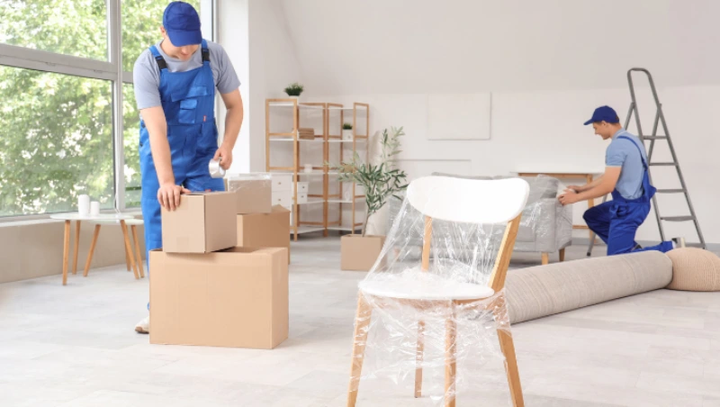 Professional villa movers dubai carefully wrapping furniture and fragile items with protective materials