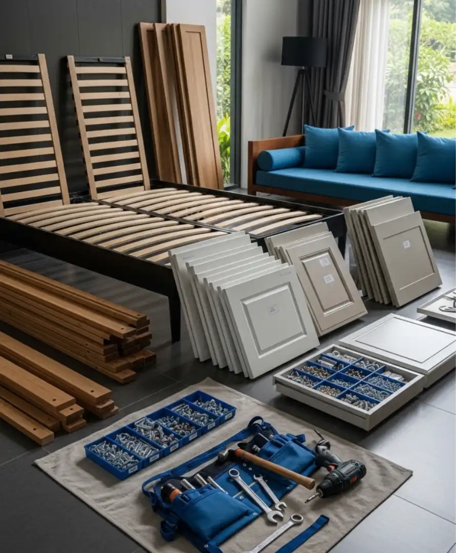 Professional villa movers in Arabian Ranches Dubai dismantling premium furniture with specialized tools.