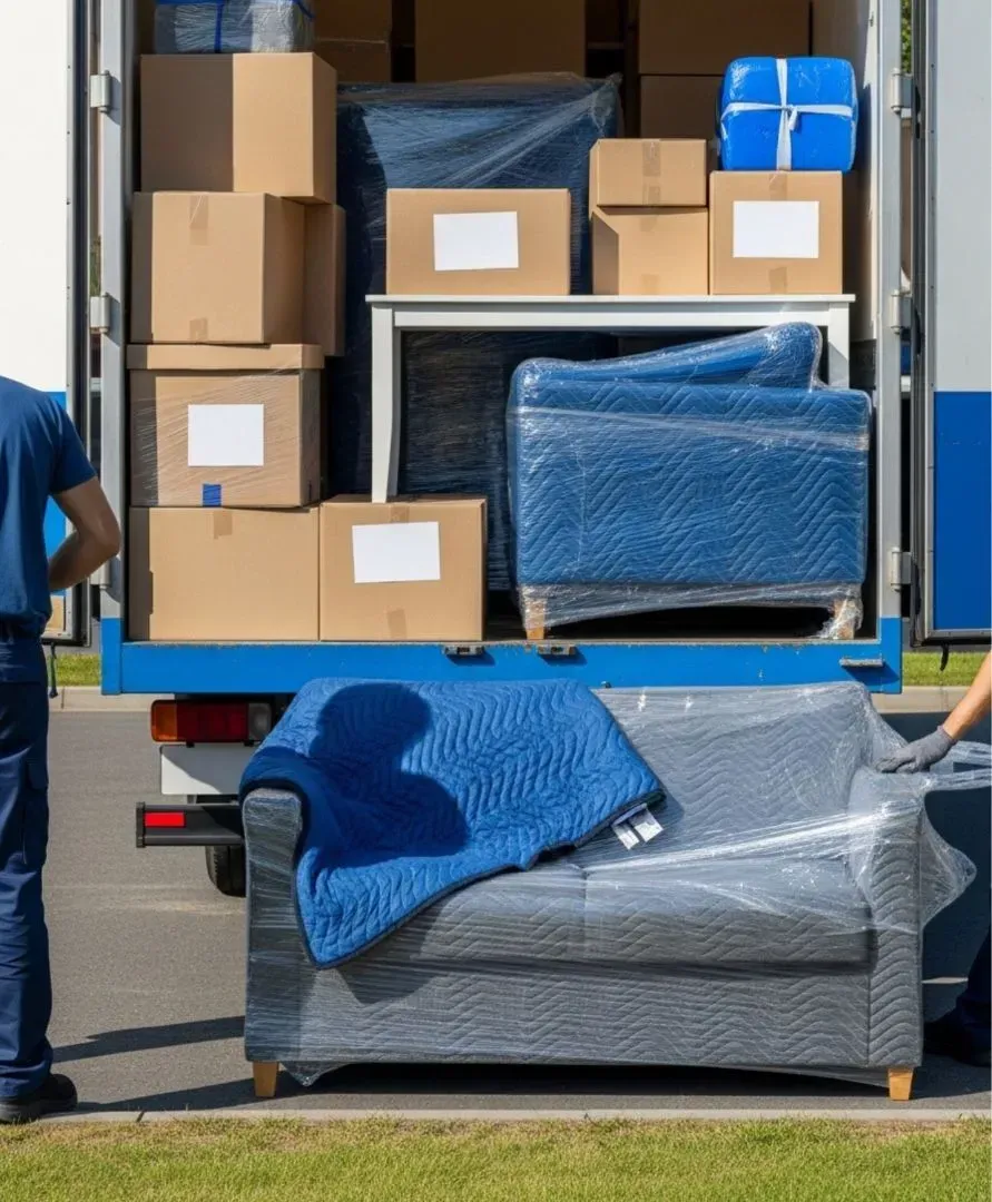 Professional loading and unloading of furniture and boxes by villa movers in JVC Dubai using a secure moving truck.