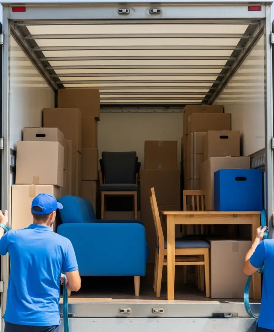 Professional villa movers in Dubai carefully loading furniture and household items into a moving truck.