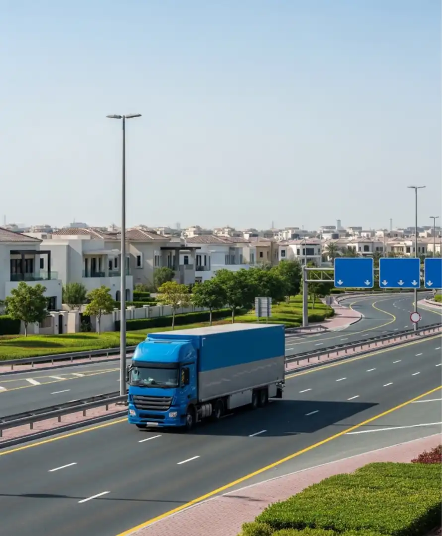 A large moving truck transporting villa furniture through a residential community in Dubai.