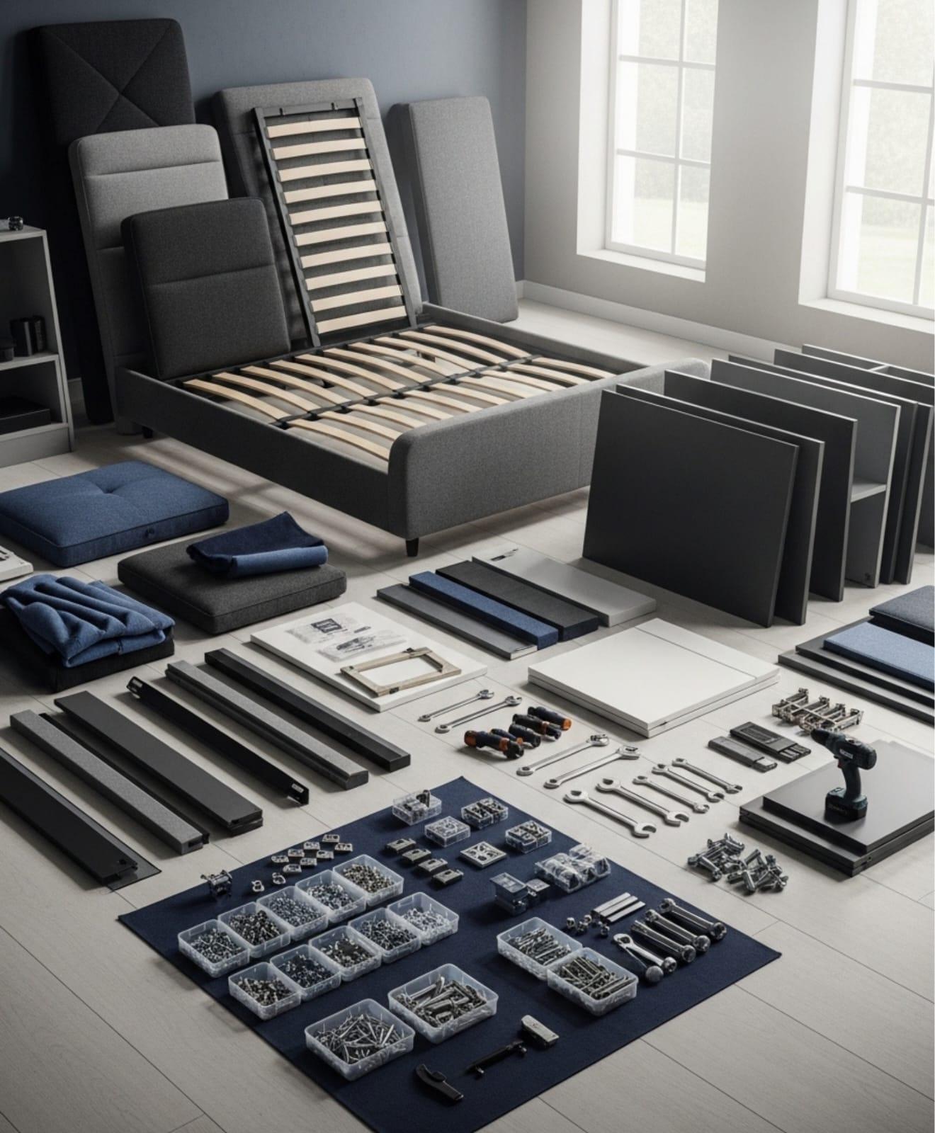 Organized furniture components and a bed frame being professionally assembled by villa movers in Palm Jumeirah Dubai.